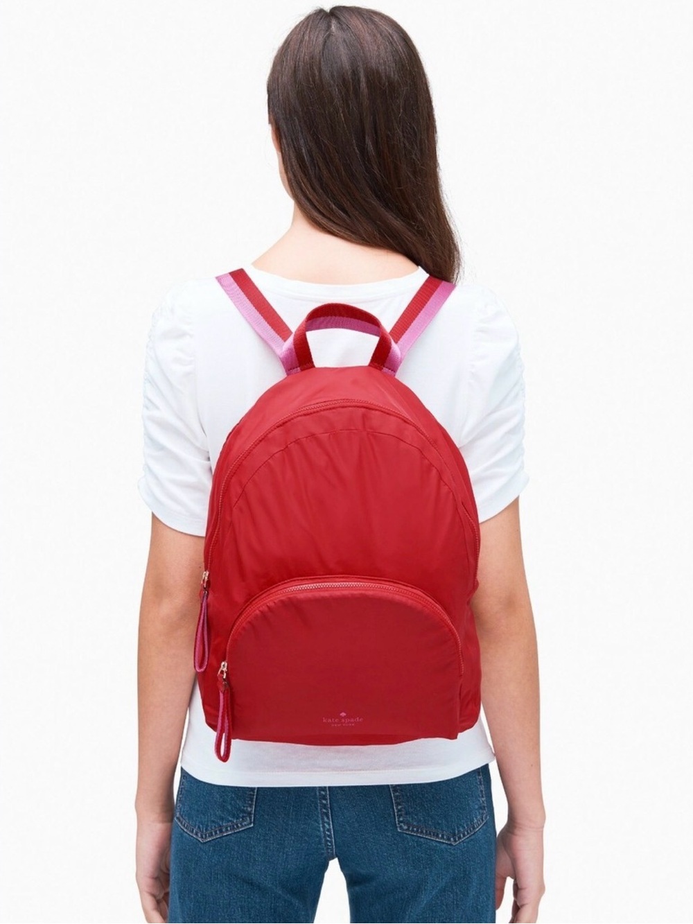 kate spade Red Nylon Backpack with Pink-Trim Straps
